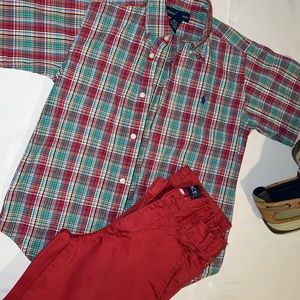 Ralph Lauren Red/Burgundy multicolored button down boys shirt w/ Red/Burg Pants